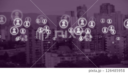 Urban connectivity and communication with digital network icons overlaying cityscape 126485958
