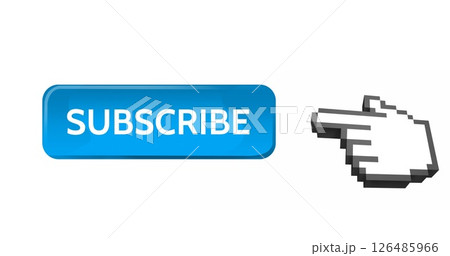 Pixelated hand cursor pointing to blue subscribe button for online engagement 126485966