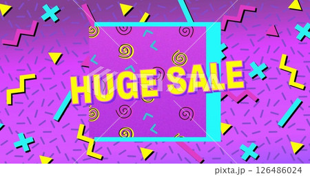 Colorful retro design with bold Huge Sale text and geometric patterns 126486024