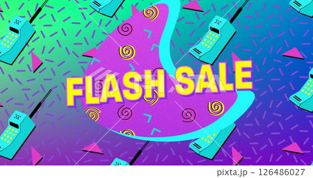 Retro-themed flash sale banner featuring vintage cell phones and geometric patterns Retro-themed flash sale banner featuring vintage cell phones and geometric patterns 126486027
