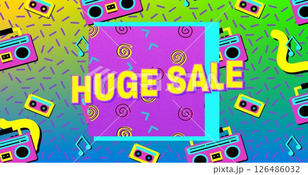 Colorful retro-themed background with bold Huge Sale text and playful patterns Colorful retro-themed background with bold Huge Sale text and playful patterns 126486032