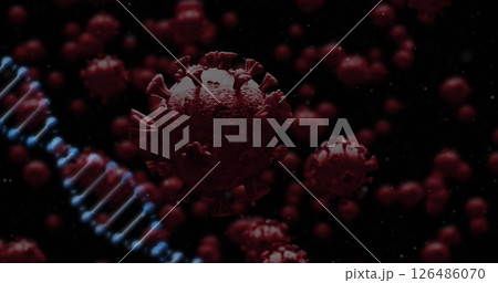 Floating coronavirus particles near DNA strand, showcasing virus structure and genetics 126486070