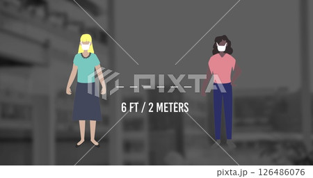 Two women wearing masks standing six feet apart for social distancing 126486076