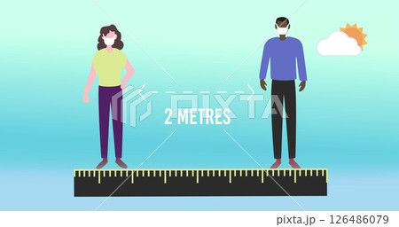 Maintaining social distance, diverse individuals standing two meters apart outdoors 126486079