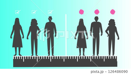 Silhouettes of people standing on ruler with virus icons and check marks 126486090
