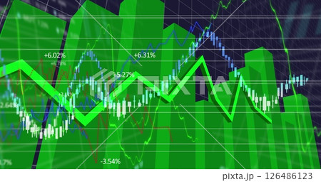 Digital stock market chart displaying fluctuating green graphs and percentages Digital stock market chart displaying fluctuating green graphs and percentages 126486123