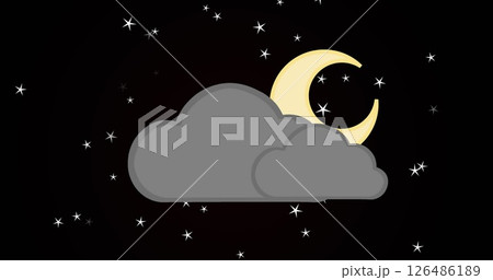 Crescent moon and stars shining brightly behind dark cloud in night sky Crescent moon and stars shining brightly behind dark cloud in night sky 126486189