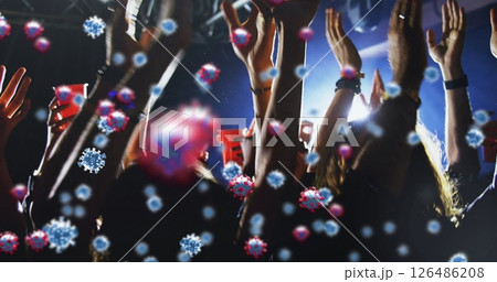 Image of cells floating over muti-ethnic group of people dancing at a party 126486208