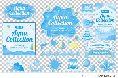 Summer background frame featuring water such as waterfalls, oceans, and pools: Includes cutout illustrations of waves and splashes 126486318