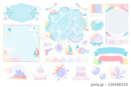 夏休み等イベントに最適な滝・海・プールなど水を表現したポップでカラフルな背景フレーム：レインボー 126486319