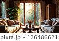 Cosy ambience morning sunny room with a coffee table and upholstered sofas 126486621