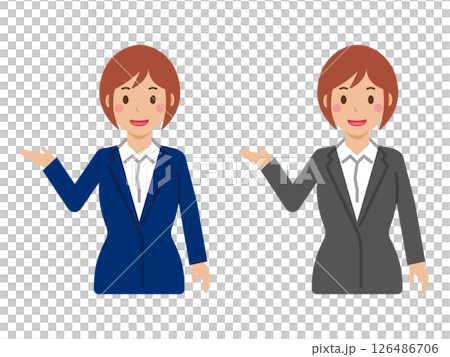 A young woman with short hair and a smile saying "Come this way." Upper body in a suit 126486706