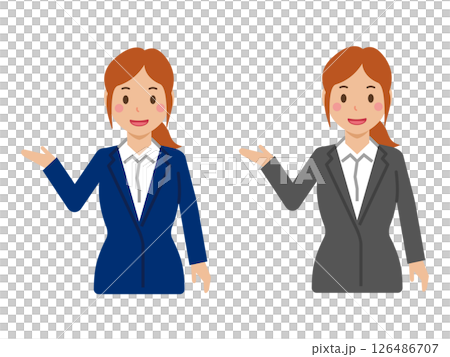 A young woman with a ponytail and a smile saying "Come this way." Upper body in a suit 126486707