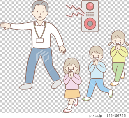 火災警報響起後，老師指導孩子疏散 126486726