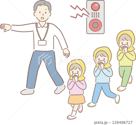 防災頭巾をかぶって避難する子どもと誘導する教師 126486727