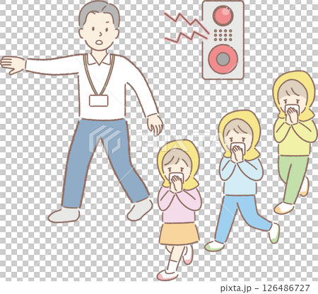 防災頭巾をかぶって避難する子どもと誘導する教師 126486727