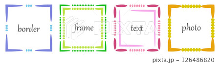 Frame, doodle dot edge border Set. Hand drawn paint brush line stroke, blue pink green multicolour background. Square geometric outline shape. Text copy space. Fun cute modern vector illustration Frame, doodle dot edge border Set. Hand drawn paint brush line stroke, blue pink green multicolour background. Square geometric outline shape. Text copy space. Fun cute modern vector illustration 126486820