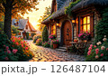 ambience village landscape with cozy houses at sunset  126487104