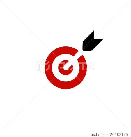 Bullseye target hit by black arrow symbolizing success, focus, goal achievement, marketing precision. Useful for business, startup, planning concepts. Vector illustration. 126487136