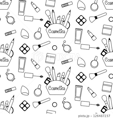 Doodle beauty make up seamless pattern. Vector graphic line illustration. Black and white cosmetic makeup art Banner, poster, wrapping paper, sticker, print, modern textile design. 126487237