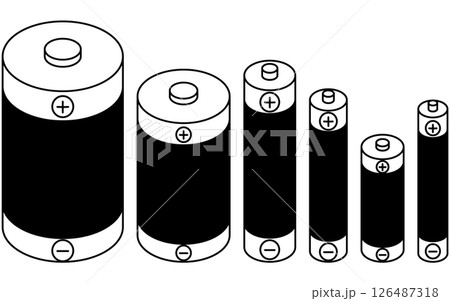 乾電池(単1形から単6形)のシンプルな線画アイコン、アイソメトリックイラスト 乾電池(単1形から単6形)のシンプルな線画アイコン、アイソメトリックイラスト 126487318