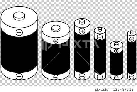 乾電池(単1形から単6形)のシンプルな線画アイコン、アイソメトリックイラスト 乾電池(単1形から単6形)のシンプルな線画アイコン、アイソメトリックイラスト 126487318