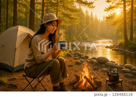 ソロキャンパー女性の自然との共存風景写真 126488118