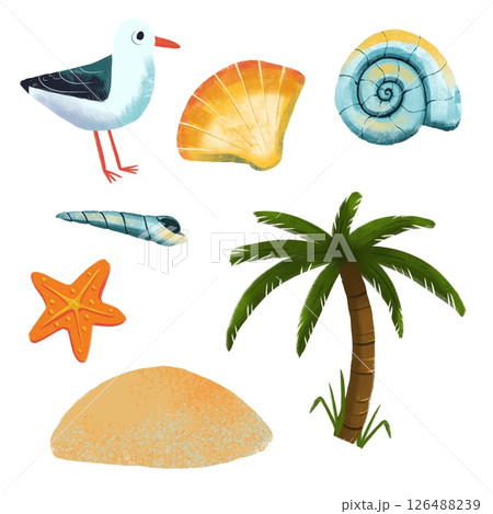 a set of illustrations of the ocean, the sea - seagull, island, palm tree, seashells, starfish a set of illustrations of the ocean, the sea - seagull, island, palm tree, seashells, starfish 126488239