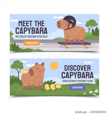 Flat Capybara Horizontal Banner Set 126488344