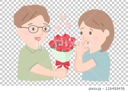 Illustration of a man and woman wearing glasses offering a red rose 126488456
