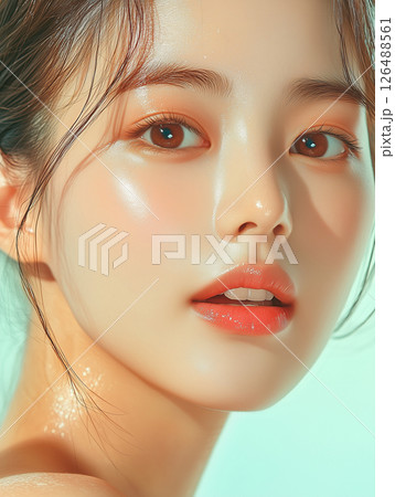 Radiant skincare model showcasing glowing complexion and natural beauty in a serene setting Radiant skincare model showcasing glowing complexion and natural beauty in a serene setting 126488561