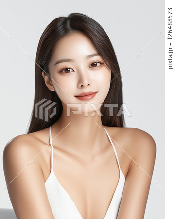 Korean woman showcasing flawless skincare routine with a radiant smile in a minimalistic setting 126488573