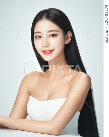 Korean woman showcasing radiant skin with long, straight hair in a minimalist setting focused on beauty and skincare 126488574