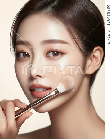 Skincare beauty routine featuring a Korean woman applying makeup with a brush in a natural light setting 126488580