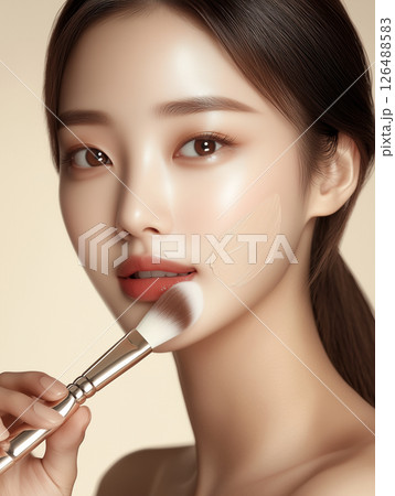Skincare routine with a focus on foundation application for a flawless glow in a serene setting 126488583