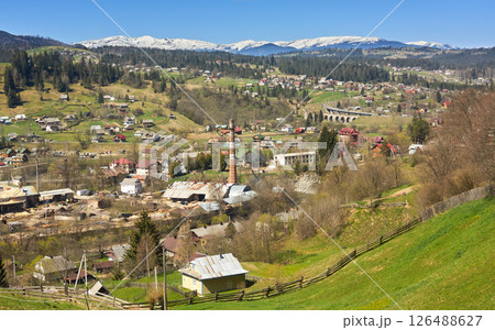 Rural Village in Valley with Mountains and Viaduct 126488627