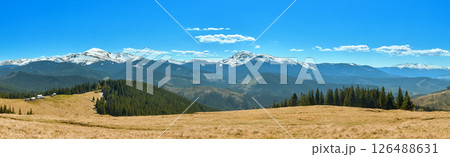 Mountain Landscape with Snowy Peaks and Forest Cabins Mountain Landscape with Snowy Peaks and Forest Cabins 126488631