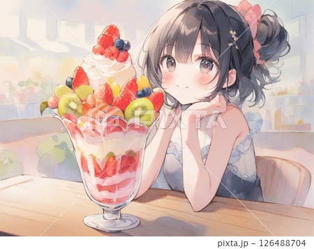 大きなパフェと笑顔の少女　水彩画風 126488704