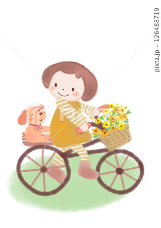 りんりん♪花かご便が通りま〜すお花いっぱい自転車にカゴに乗せて仲良しの犬とサイクリングしている女の子 126488719