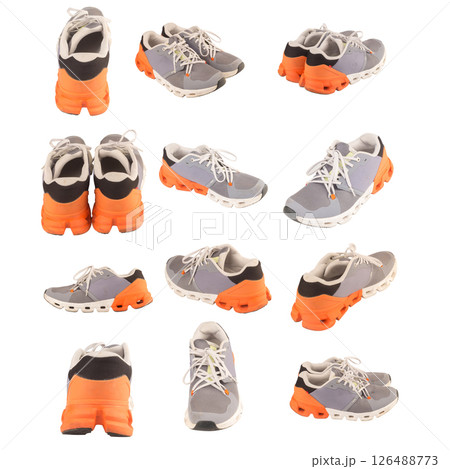 Sports shoes isolated on white background orange view back Sports shoes isolated on white background orange view back 126488773