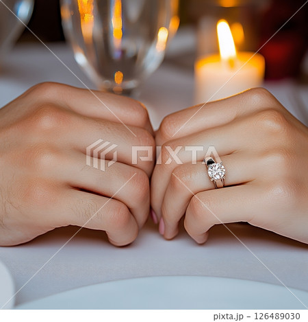 Close-up of engagement ring on interlocked hands by candlelight Close-up of engagement ring on interlocked hands by candlelight 126489030