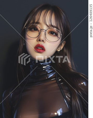 Young Korean woman in sleek outfit poses confidently against dark background during indoor photo session 126489135