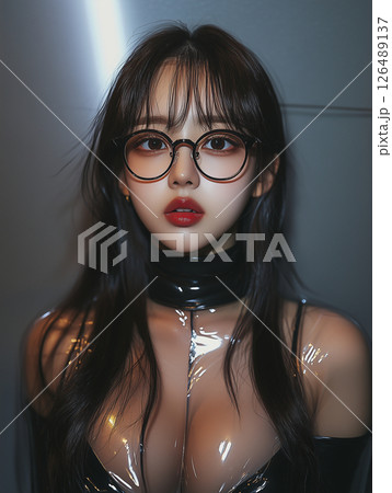 Elegant Korean woman poses confidently in a stylish outfit highlighting contemporary fashion in an urban setting 126489137