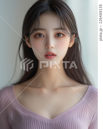 Young Korean woman with expressive eyes and soft features posing in natural light at home 126489138