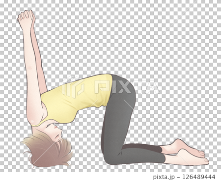 ヨガ（ウサギのポーズ）をとるボブヘアの若い女性イラスト 126489444