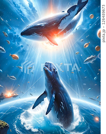 宇宙を泳ぐ海洋生物らしき生き物たち 宇宙を泳ぐ海洋生物らしき生き物たち 126489673