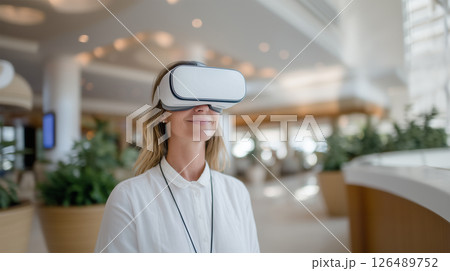 White VR headset in modern bright interior setting 126489752
