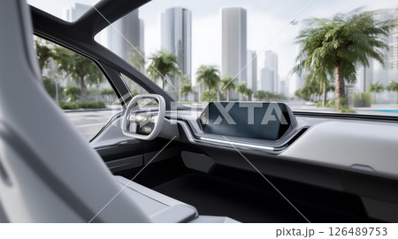 Futuristic driving experience with minimalist cockpit design 126489753