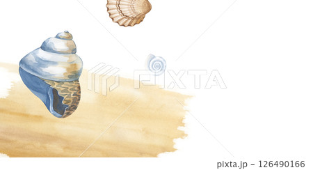 Horizontal watercolor frame with shells and a watercolor spot of ocher color. Stylization of sand and seashore. A template with seashells and an empty place to insert. Isolated. Horizontal watercolor frame with shells and a watercolor spot of ocher color. Stylization of sand and seashore. A template with seashells and an empty place to insert. Isolated. 126490166