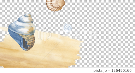 Horizontal watercolor frame with shells and a watercolor spot of ocher color. Stylization of sand and seashore. A template with seashells and an empty place to insert. Isolated. Horizontal watercolor frame with shells and a watercolor spot of ocher color. Stylization of sand and seashore. A template with seashells and an empty place to insert. Isolated. 126490166